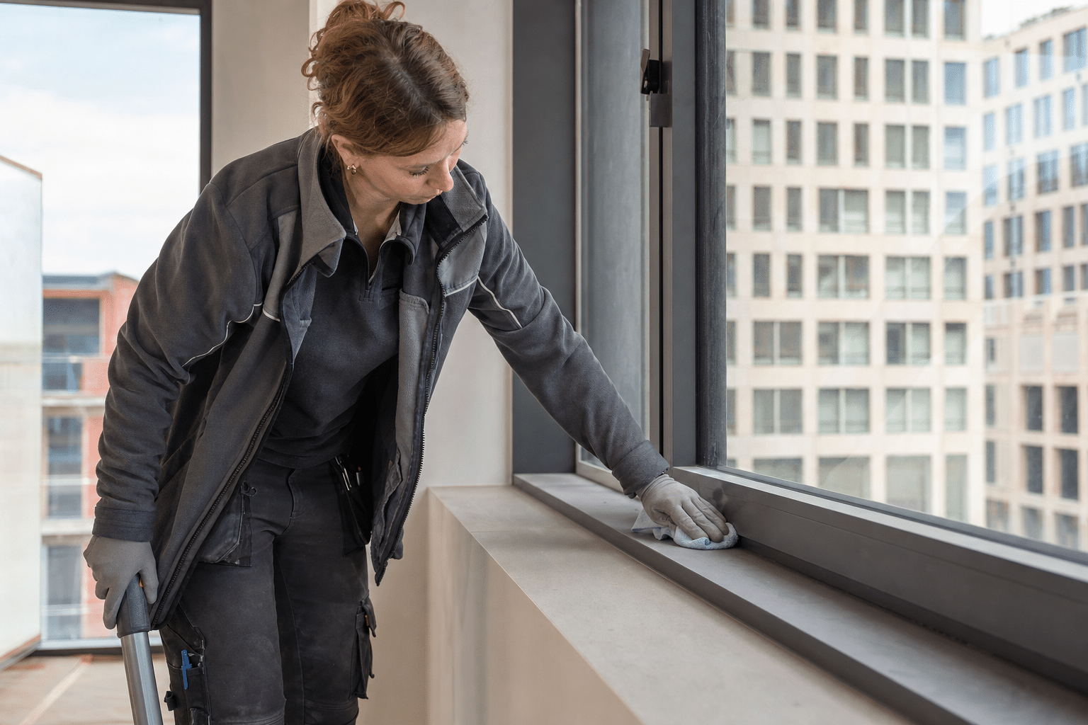 Reinigungskraft entfernt Baustaub von einer Fensterbank in einem neuen Berliner Bürogebäude