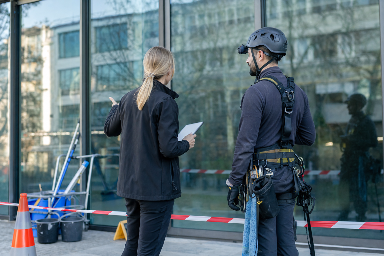 Vorarbeiterin bespricht mit einem Fensterreiniger die abgesperrte Arbeitszone vor einer Berliner Glasfassade