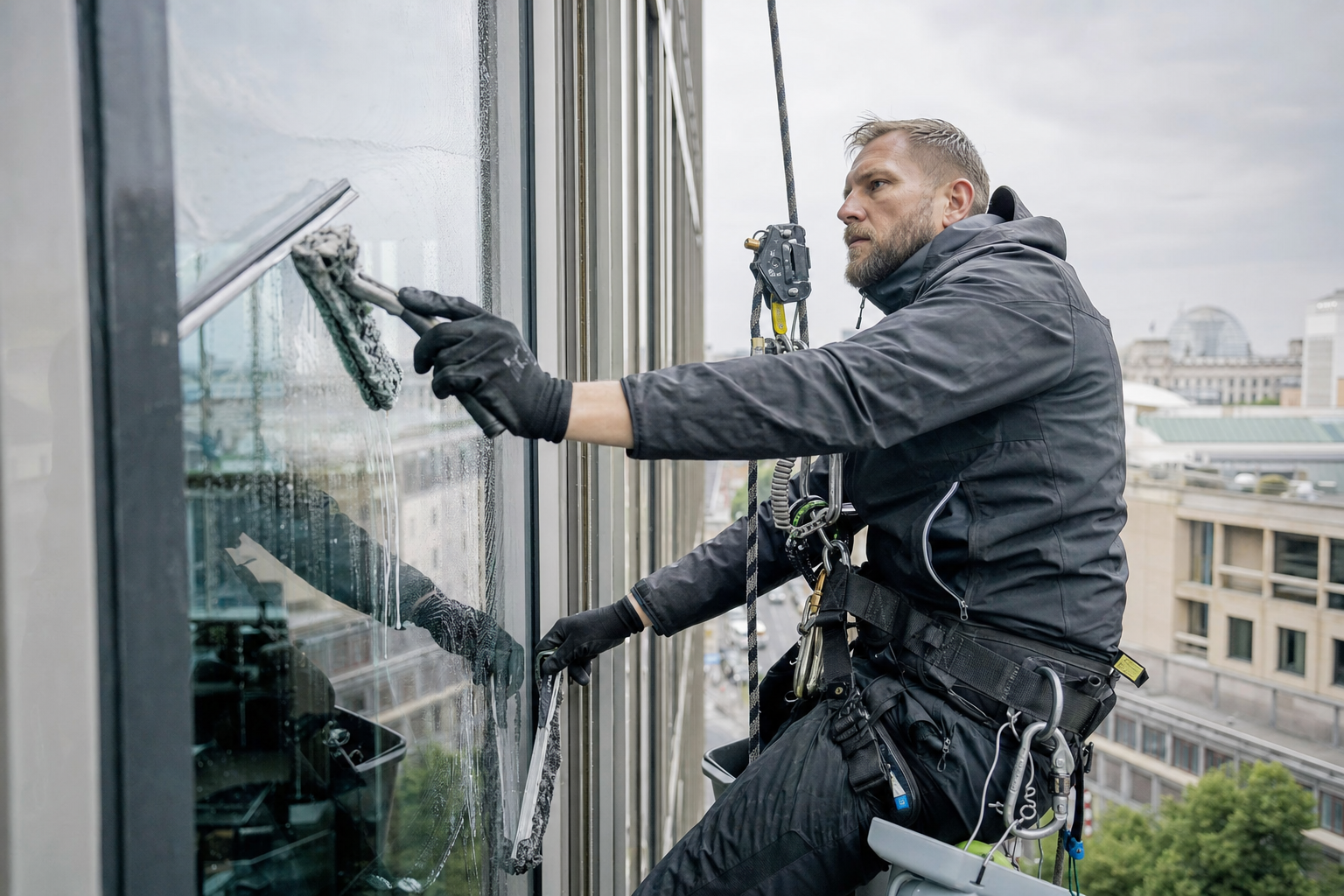 Glasreiniger bei der Arbeit an großen Bürofenstern in Berlin