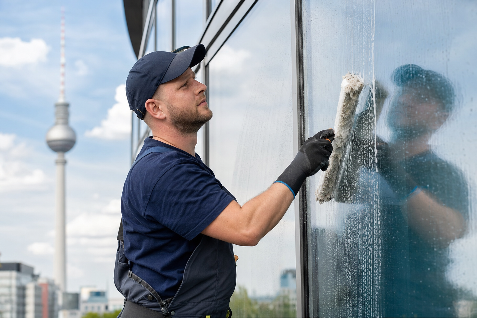 Fensterreiniger säubert die Glasfront eines Berliner Bürogebäudes mit einem Einwascher