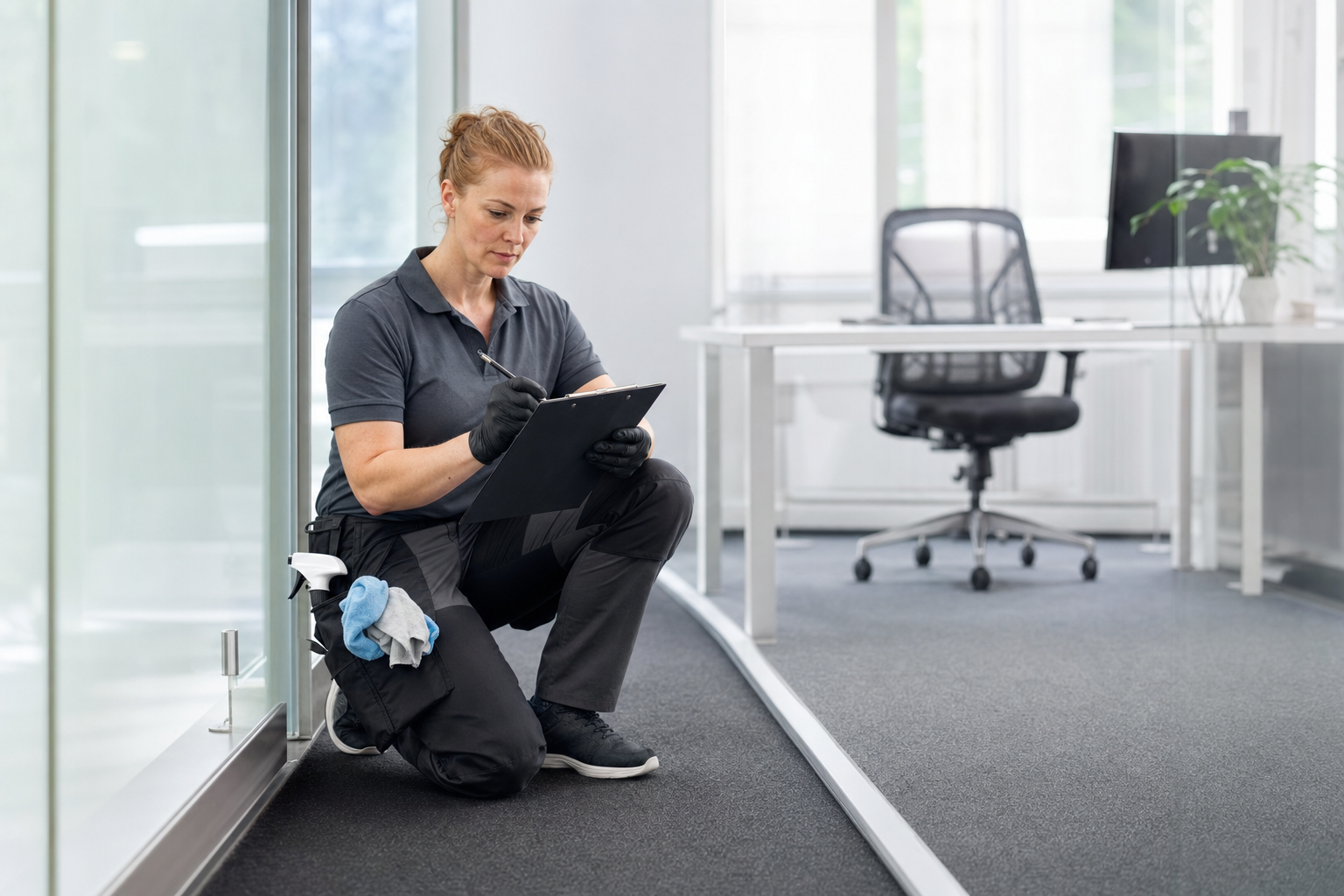 Reinigungskraft bei der dokumentierten Qualitätskontrolle in einem modernen Büro