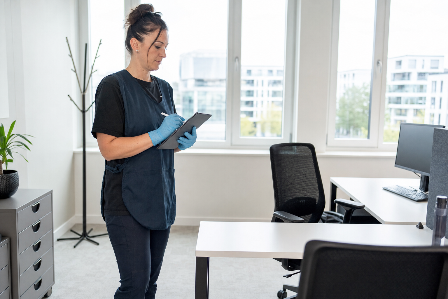 Mitarbeiterin bei der dokumentierten Sichtkontrolle eines gereinigten Büroraums
