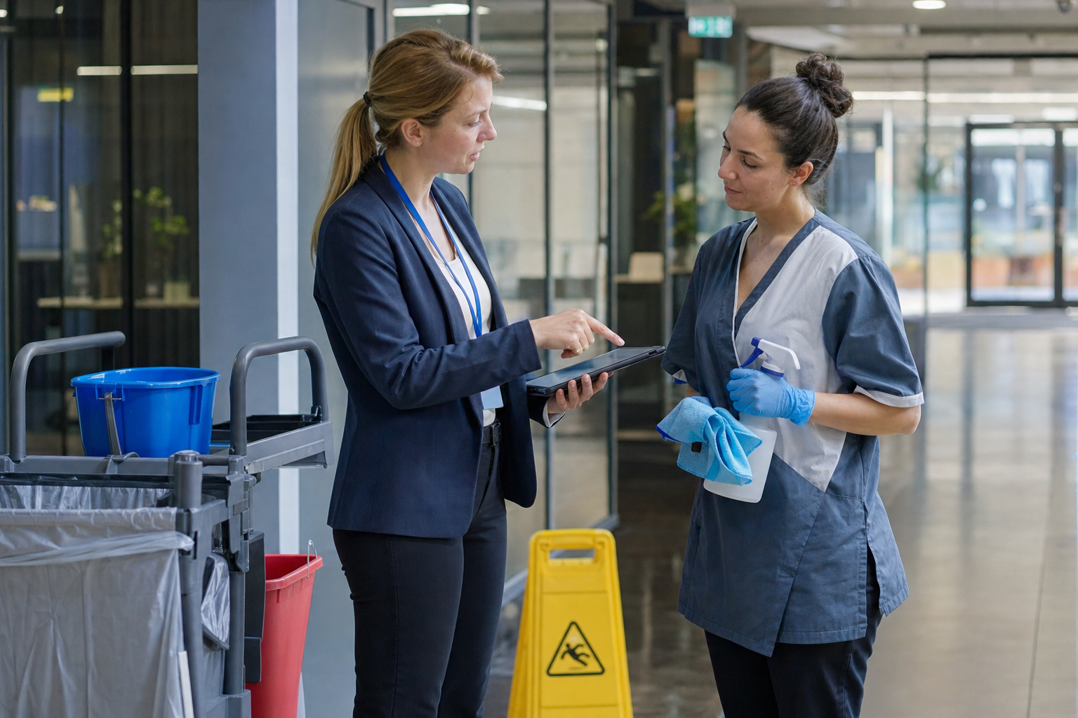 Objektleiterin und Reinigungskraft bei der Sicherheitsbesprechung in einem Gewerbegebäude