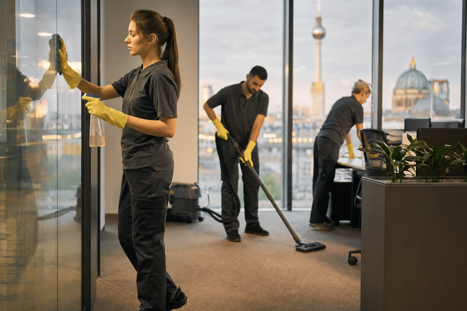 Reinigungsteam bei der abendlichen Büroreinigung in Berlin