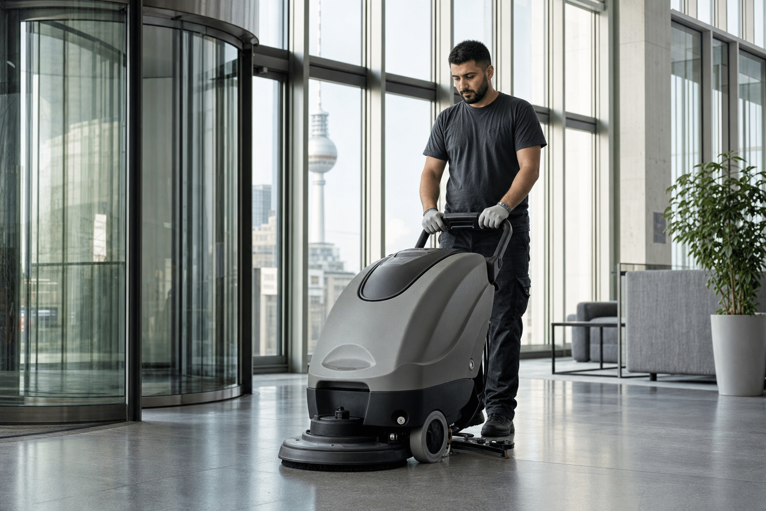 Reinigungskraft mit Scheuersaugmaschine in einem Berliner Bürogebäude