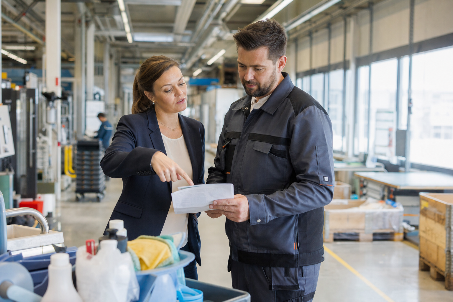 Objektleiterin und Haustechniker besprechen den Reinigungsplan in einer Berliner Produktionshalle