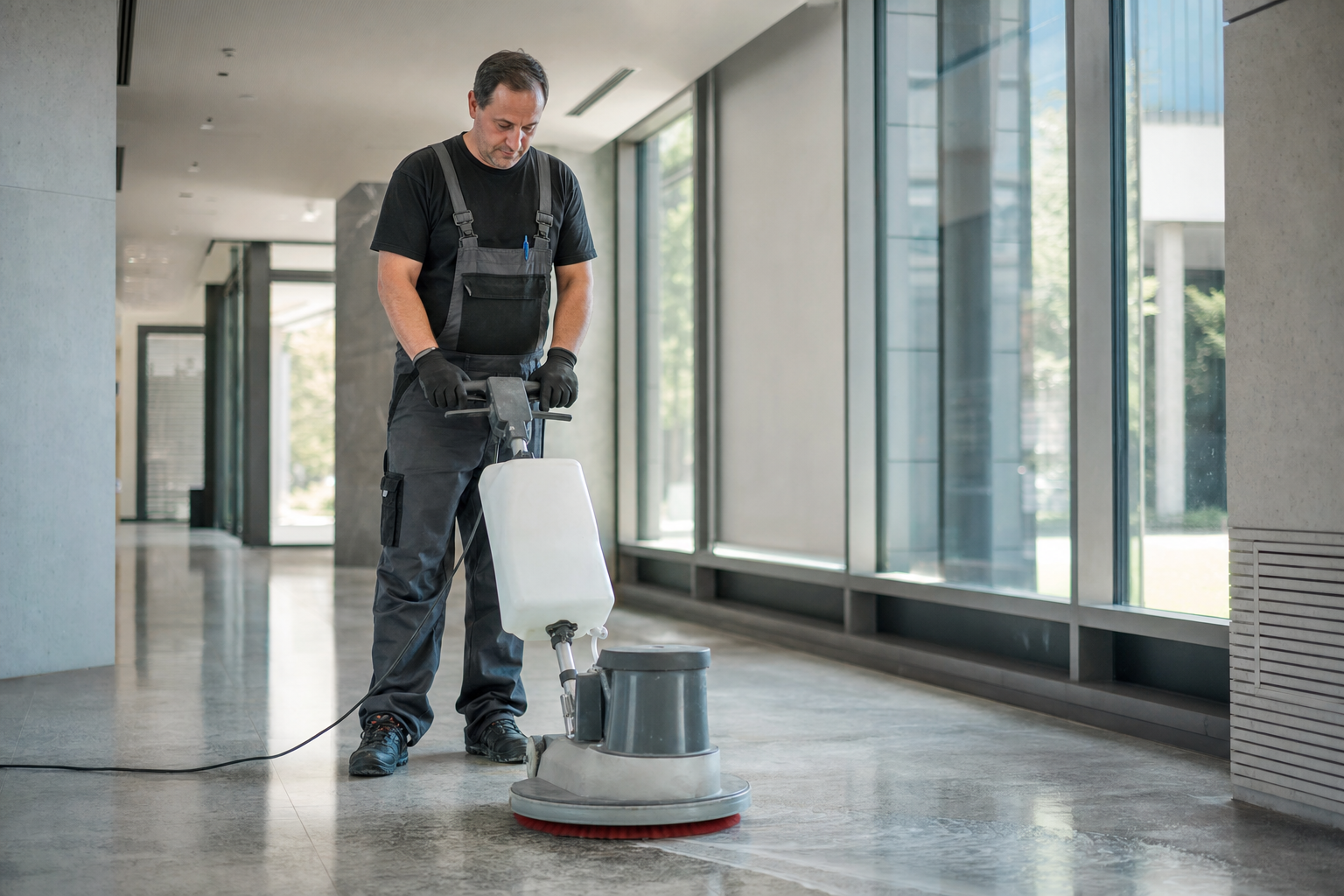 Reinigungskraft mit Einscheibenmaschine auf dem Boden eines Berliner Gewerbeobjekts